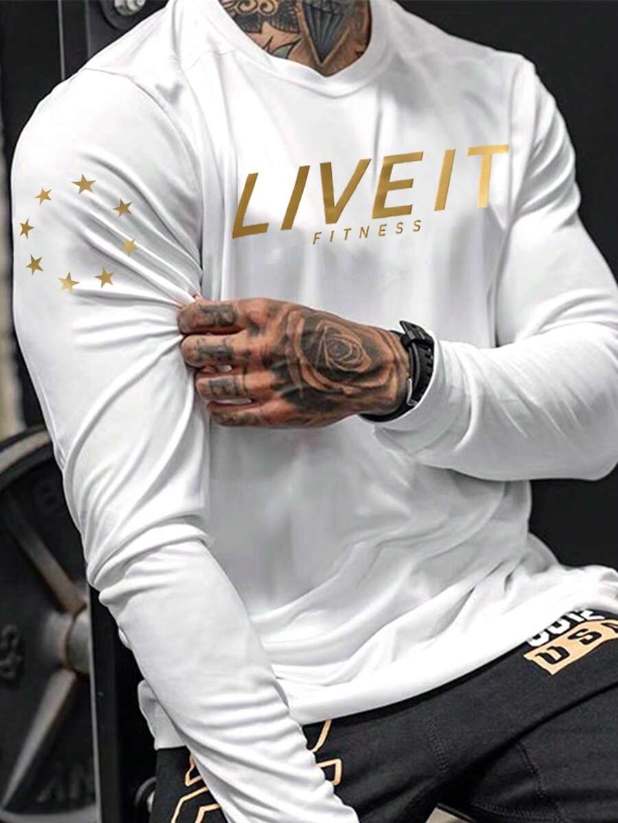 Manfinity Sport Corelite Men's Letter Print Crew Neck Long Sleeve Daily Workout Fitness T-Shirt
