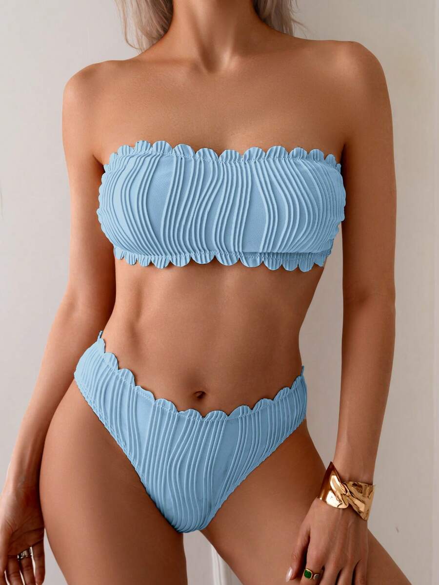 SHEIN Swim 2 pezzi/set costume da bagno bikini a fascia tinta unita con decorazione a conchiglia e laccio sul retro, per donne, adatto per l'estate e la spiaggia