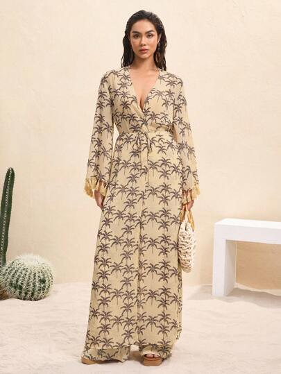 BY FELIZIA Light Apricot Summer Palm Tree Print Chiffon Long Beachwear Kimono Summer Vacation Outfits Resort Wear For Women New Arrivals Women Dress Summer Dresses For Women Women Long Dresses Spring Dresses For Women Women Maxi Dresses Wrap Dresses For Women