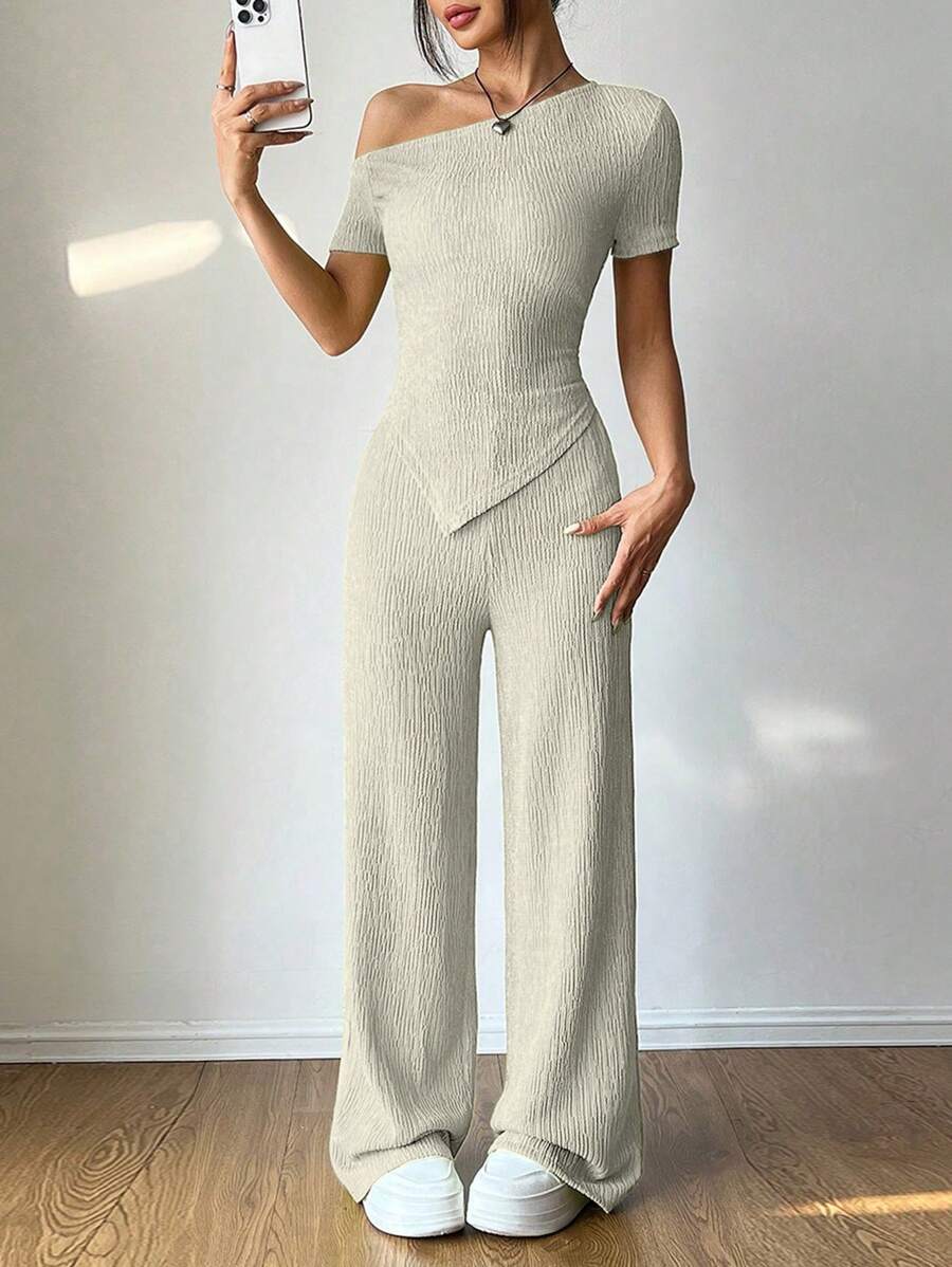 Flirla 2 pezzi/set, maglietta casual asimmetrica al collo + pantaloni a vita bassa a gamba ampia, abbigliamento da relax