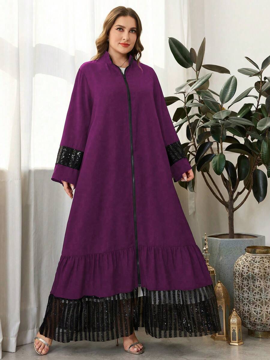 Al Najma Abito casual ampio a maniche lunghe con paillettes e patchwork, di taglia grande, adatto per la primavera/autunno, abaya modesta