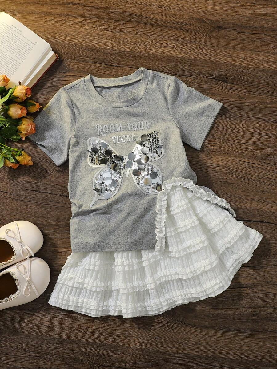 2pcs/Set Girls Casual Fashionable Butterfly Sequin Decor Short Sleeve T-Shirt Top And Ruffle Hem Cake Skirt, Summer