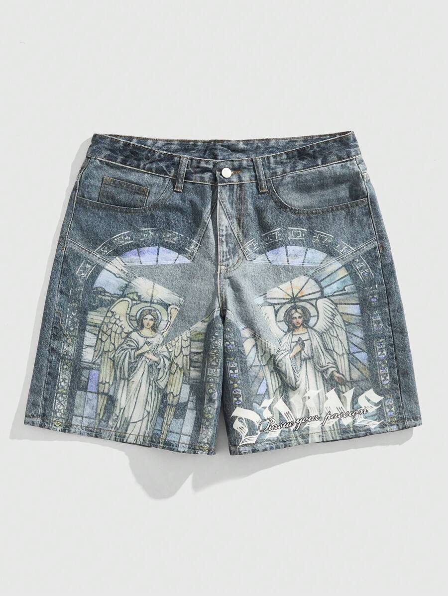ROMWE MEN Goth Shorts vaqueros casuales y de calle con estampado gráfico para hombres, verano