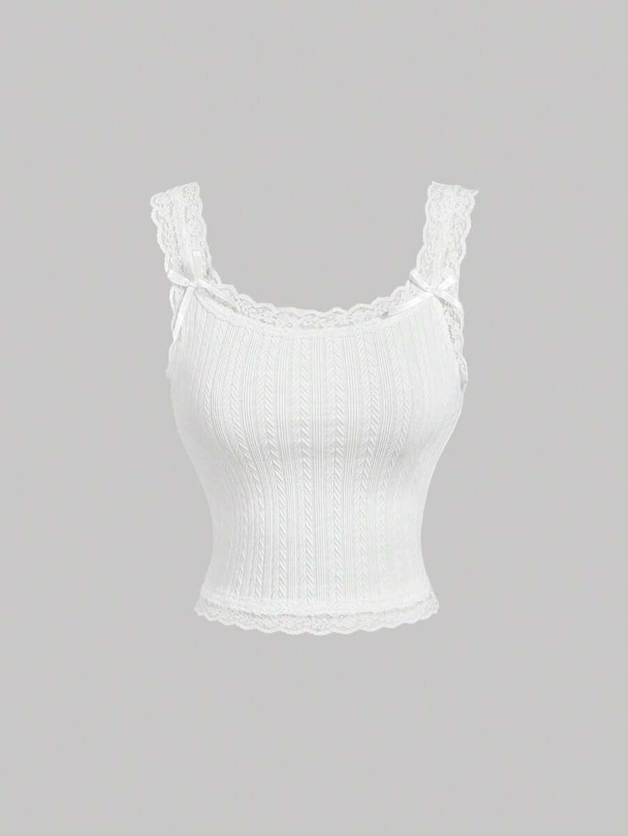 SHEIN MOD White Lace Edge Decor Jacquard Texture Bowknot Ribbon Detail Cami Top,Summer Tops,Summer Outfits For Women,Going Out Tops,Summer,Cute Tops,Y2k Tops,Rave,Country,Fairycore,Brunch Outfits For Women,Minimalist,Concert Outfits