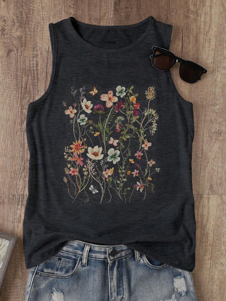 INAWLY Plus Size Vintage Floral Print Sleeveless Top, Summer Casual