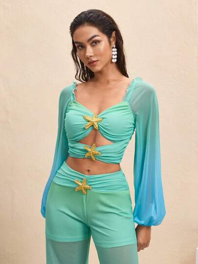 BY FELIZIA Blue And Green Gradient Print Mesh Puff Sleeves Long Sleeves Gold Starfish Pleated Hollow Short Holiday Tops Women's Tops