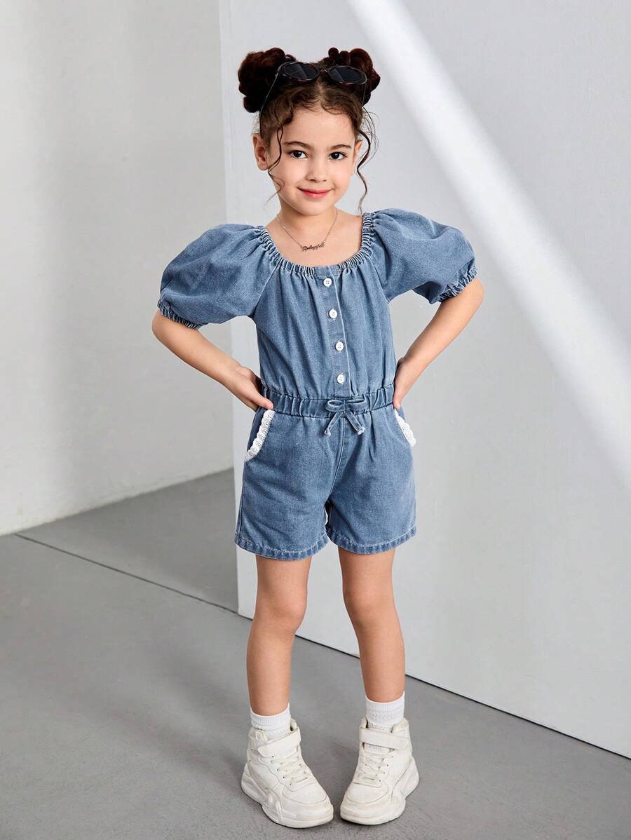 Girls Elastic Waist Casual Denim Jumpsuit With Embroidered Floral Trim, Comfortable & Fashionable For Summer Vacation