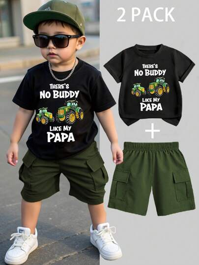 SHEIN 2pcs Toddler Boys Casual Car & Letter Graphic Tee And Solid Color Cargo Pants Set, Summer