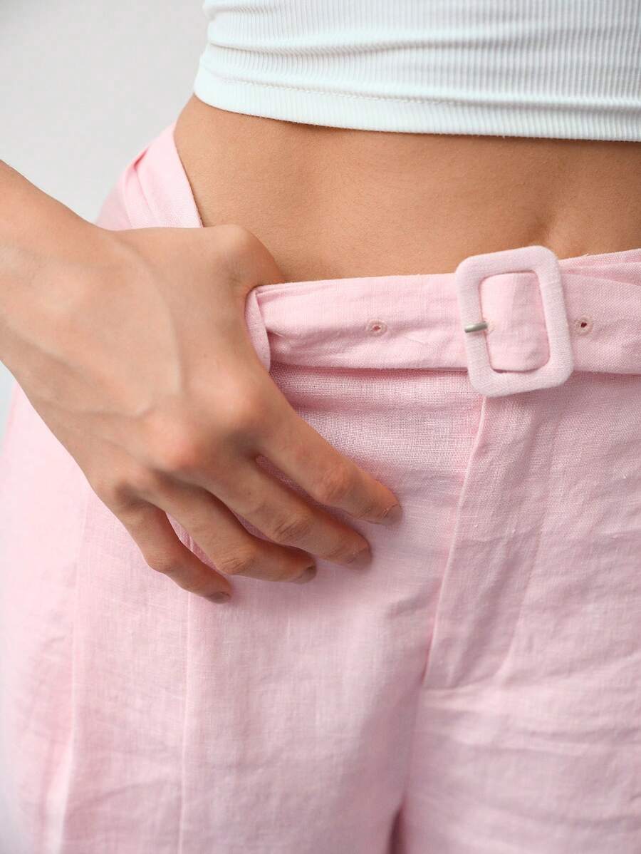 MOTF STUDIO Pantalones anchos de pierna ancha con bolsillos en ángulo, cinturón y pliegues, 100% lino, para uso diario