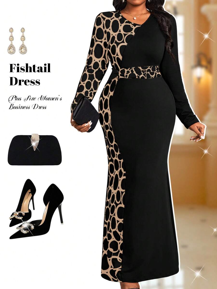 Fleurora Plus Size Women's Business Professional And Contrast Geometric Pattern Waist Fishtail Dress