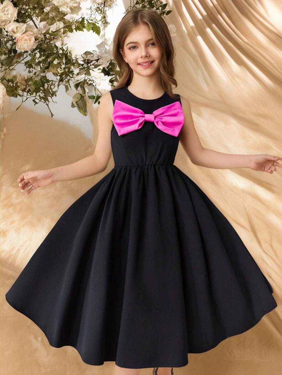 SHEIN Explorewe Tween Girl Colorblock Bow Decor Sleeveless Dress Bow Dresses Bow Clothes Girls