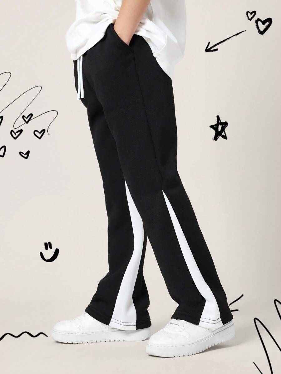 SUMWON Flare Joggers With White Side Panel Athletic Pants Retro Style Streetwear Training Performance Bottoms Winter Season Youth Sports Casual Sweatpants - Black - View 1