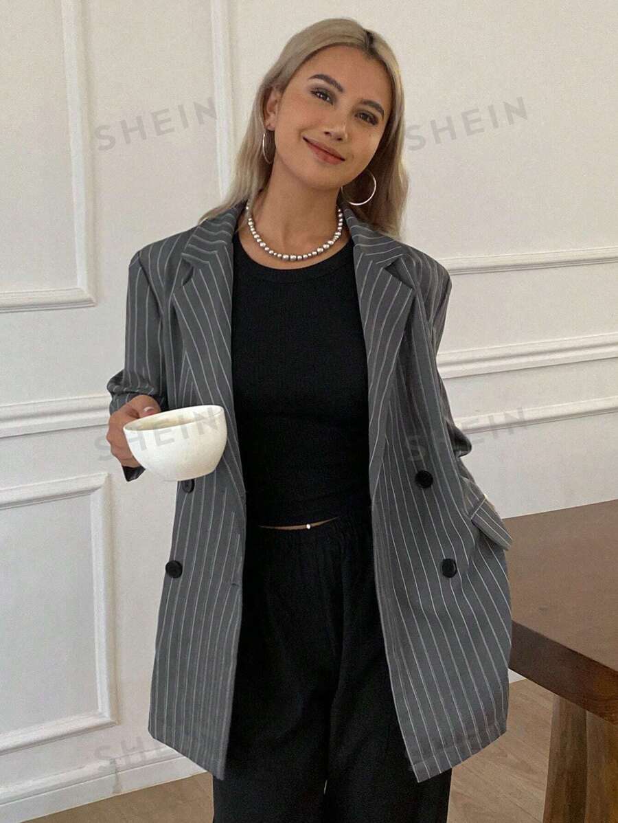 DAZY Blazer holgado de manga corta con bolsillo a rayas para mujer en verano