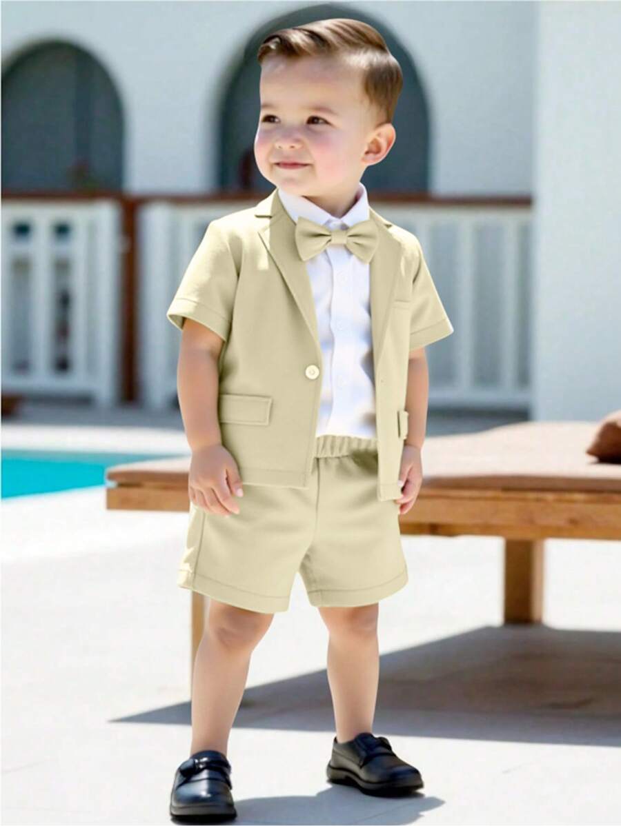Souflis Souflis 2pcs Baby Boys Formal Gentleman Suit Set, Lapel Short Sleeve Single-Breasted Blazer Jacket + Elastic Waist Casual Shorts, Summer Series, Fashion Handsome, Suitable For Birthday Party, Dinner, Performance, Wedding, Full Moon, Baptism, Anniversary, Outdoor Wear, Wedding, Wedding Guest, Ring Boy, Page Boy, Baby's First Mother's Day Outfit, Family Matching Outfits