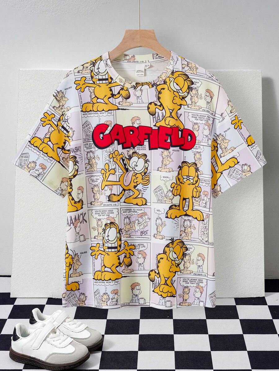 GARFIELD X SHEIN Camiseta de manga corta informal con gráfico de dibujos animados coloridos para niño preadolescente