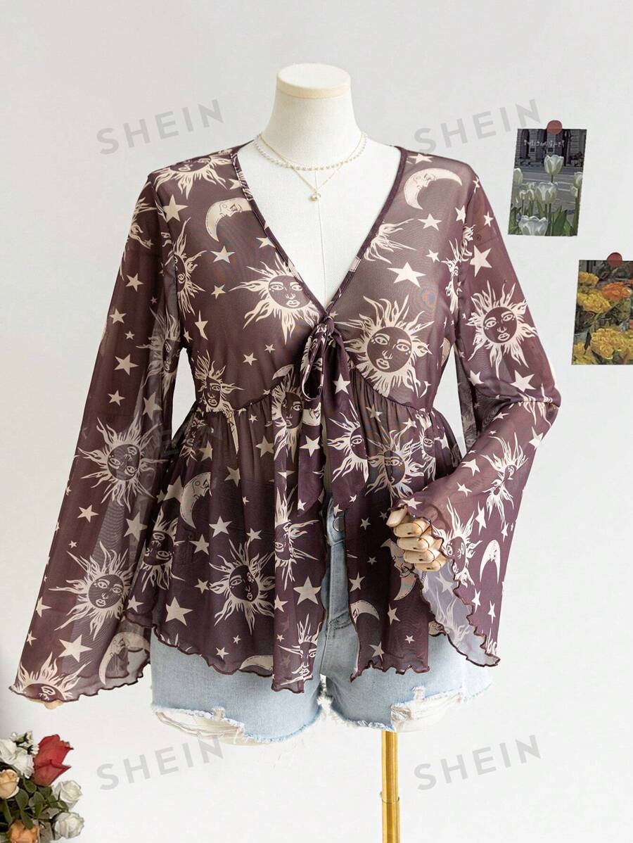 Soleia Blusa de manga larga con escote en V con estampado de luna, sol y estrellas, para mujer de talla grande, ideal para regreso a clases, vacaciones, otoño, uso casual, y fiestas como Halloween y Navidad