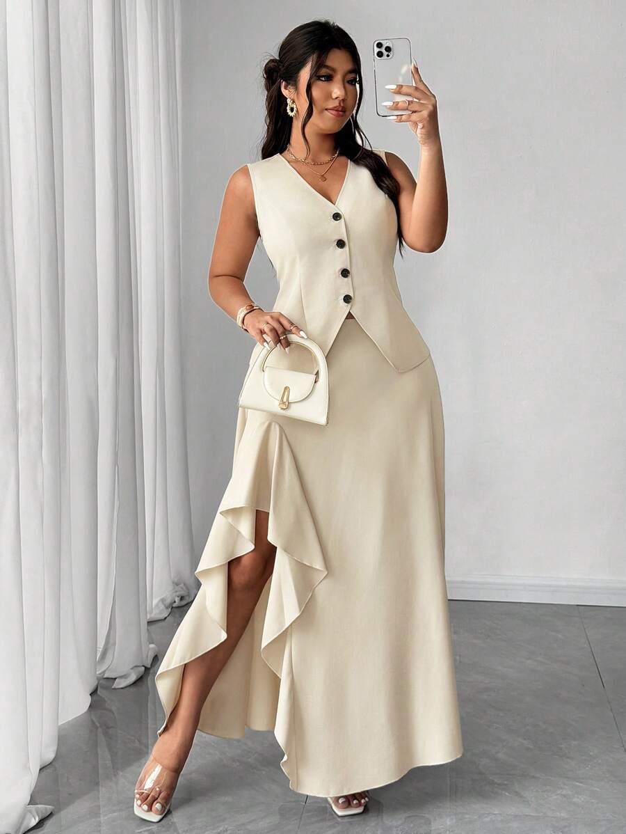 Elenzga Plus Size Elegant & Simple A-Line 2 Pieces Set For Women