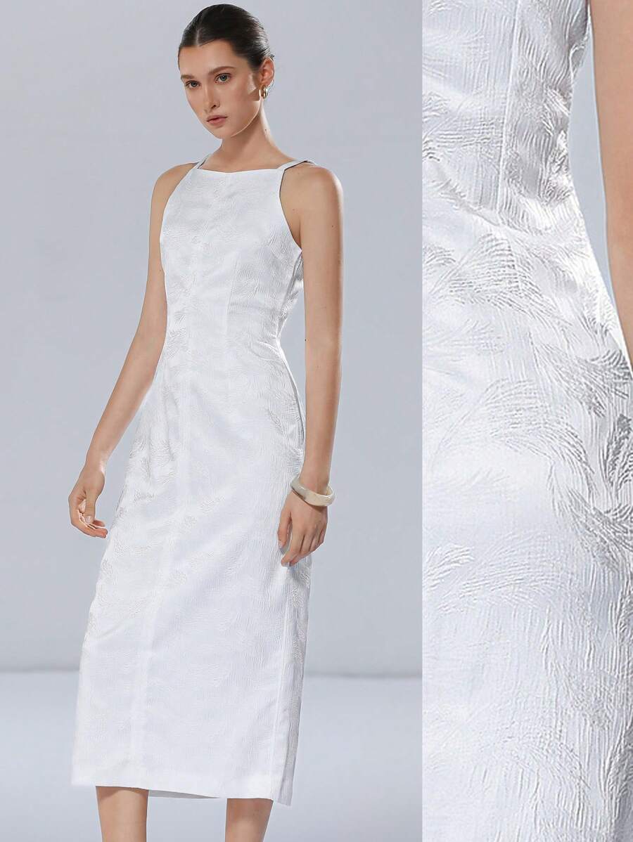 Aveloria Modichic White Feather Jacquard Textured Satin Fabric Women Elegant Romantic Minimalist Luxury Sleeveless Spaghetti Strap Dress, Suitable For Wedding Season