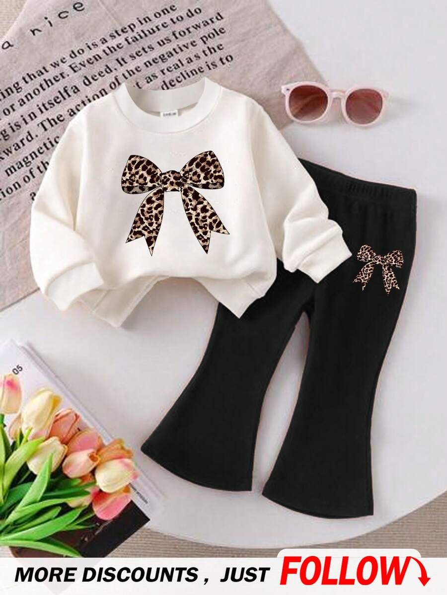 SHEIN ModeFlare Wear Vintage Leopard Print Bow Decor Soft Knit Baby Girl Casual Suit, Suitable For Autumn/Winter