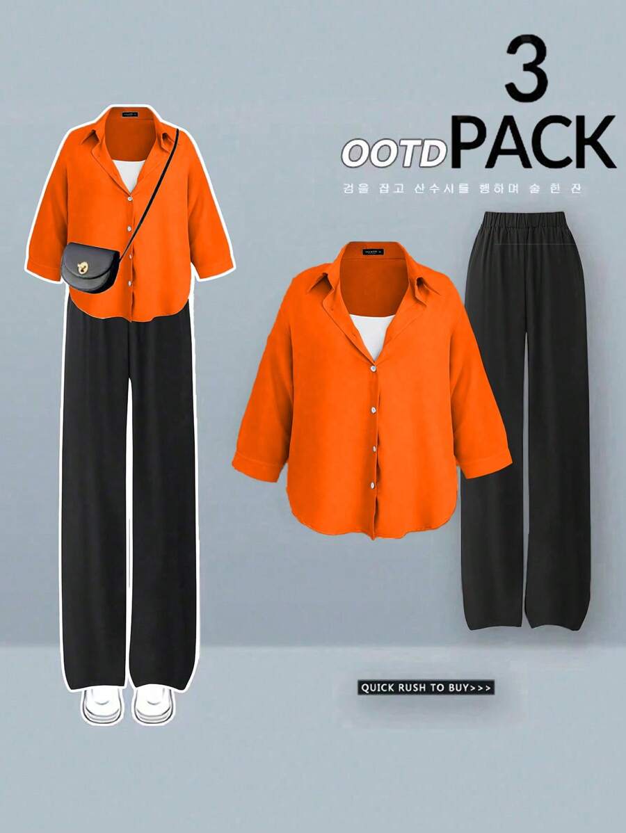 Flirla Set da 3 pezzi di gilet, camicia e pantaloni casual taglie comode
