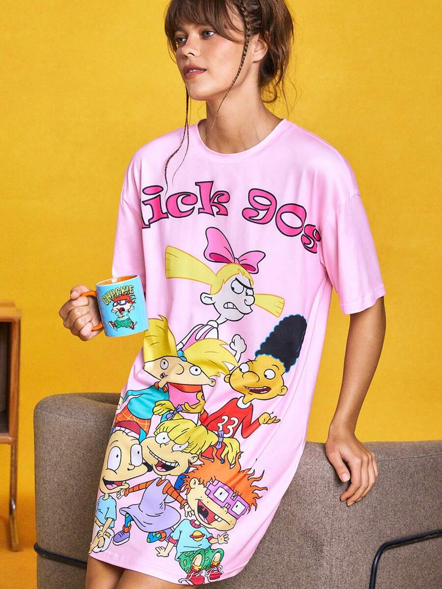 Nick 90s X SHEIN Women's Cartoon Figure Graphic Short Sleeve Nightgown