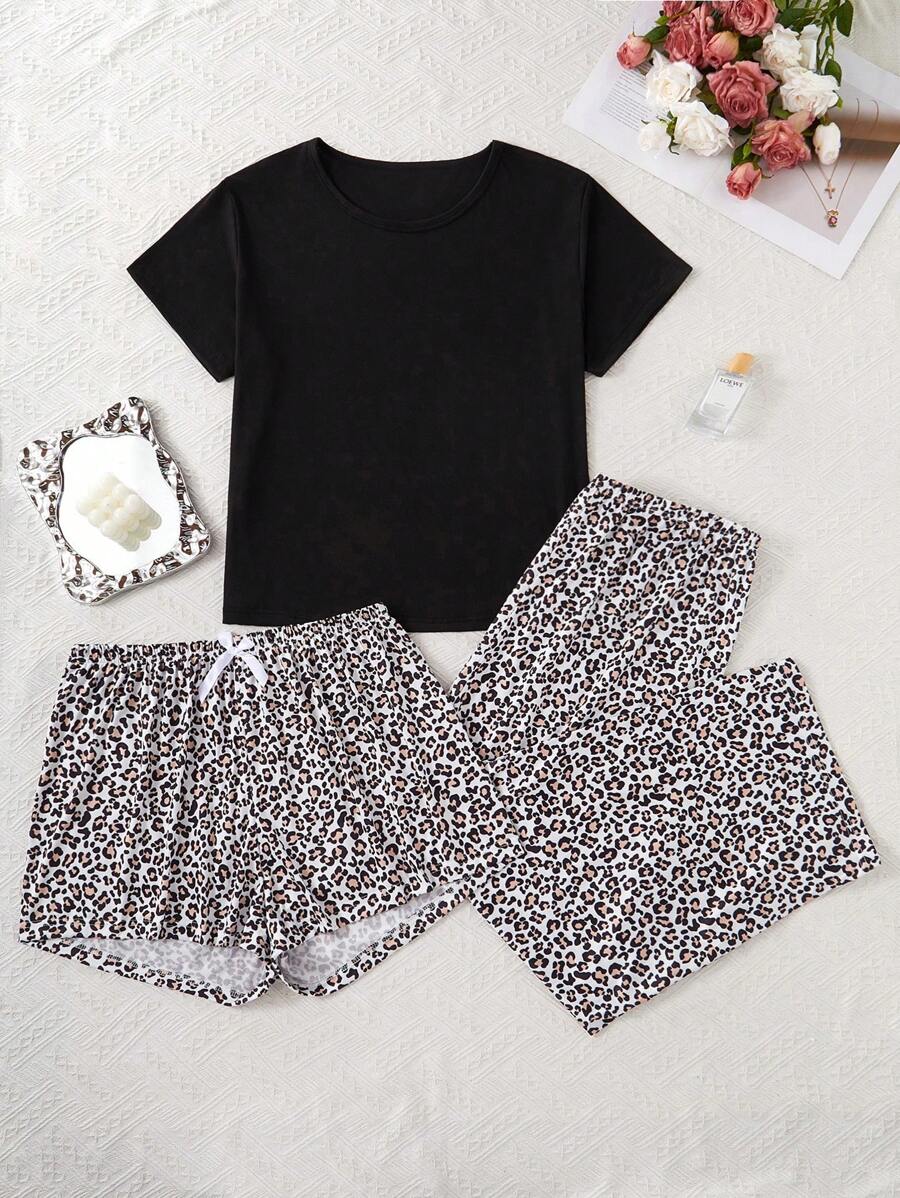 SHEIN Set de pijama de 3 piezas de talla grande con unicolor y estampado de leopardo de manga corta
