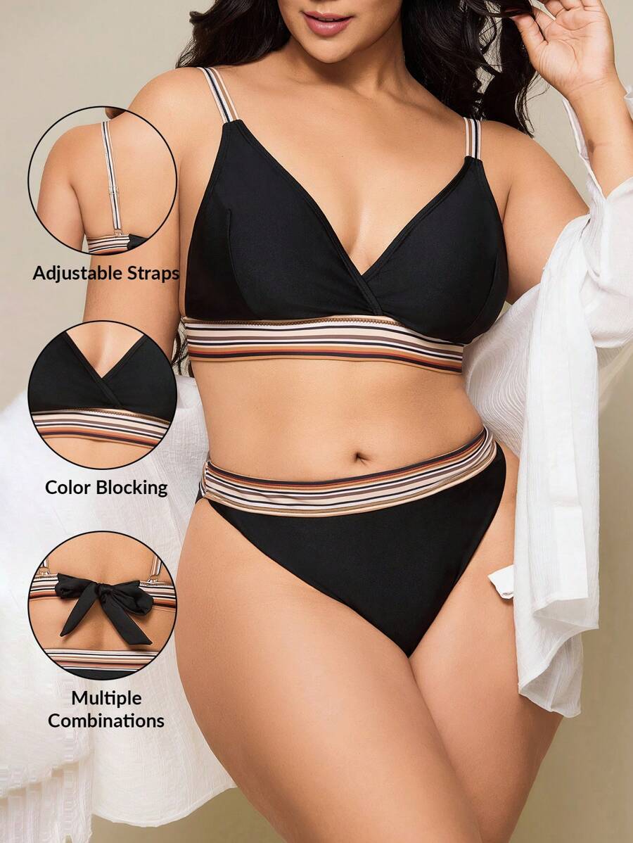 SHEIN Swim Ensemble de maillot de bain de plage rayé et patchwork pour grandes tailles,