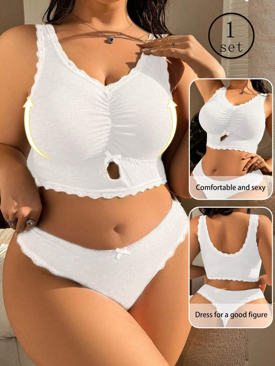 Set de 2 piezas Sujetador inalámbrico y conjunto de bragas con encaje contrastante, talla grande, cómodo