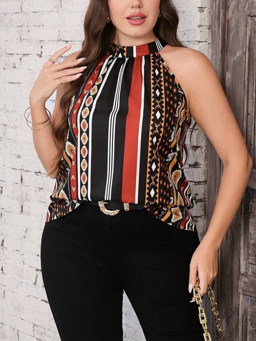 SHEIN Clasi Blusa larga da donna casual estiva con fantasia a righe, taglie comode, senza maniche, stile bohémien, abbigliamento da donna, parte superiore da donna, blusa casual da donna, top elegante da donna, outfit da ufficio da donna, blusa da donna, top casual da donna, abbigliamento estivo, outfit da rave, outfit da Ibiza, outfit da concerto country, outfit da festival, outfit da Coachella, outfit per le vacanze, regalo per la festa della mamma