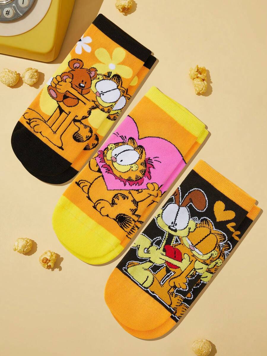 GARFIELD X SHEIN 3 Pairs Cat & Dog Pattern Breathable & Soft Short Socks, Reinforced Toe & Heel, Suitable For All Seasons,Women,Girl