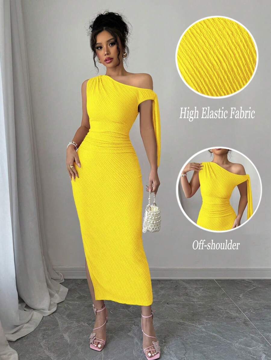 Rafferiza Vestito lungo elegante da donna Rafferiza, da indossare per matrimoni, feste, compleanni, vacanze, San Valentino, in tessuto lavorato a maglia ad alta elasticità, modello slim fit, sexy e carino, con spalla obliqua, plissettatura e spacco, colore giallo brillante