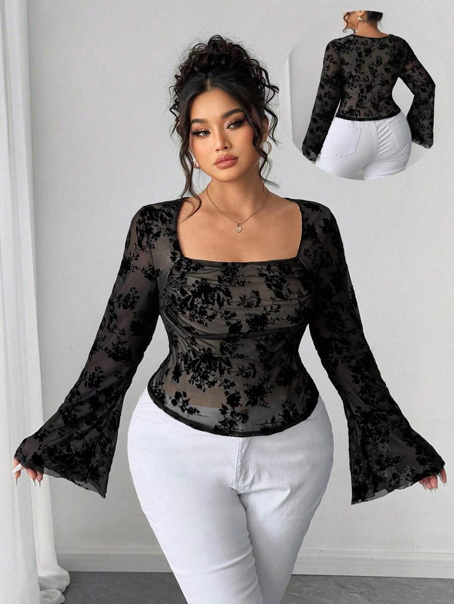 Elenzga Plus Size Square Neck Long Sleeve Fitted Flocked Mesh Floral Print T-Shirt