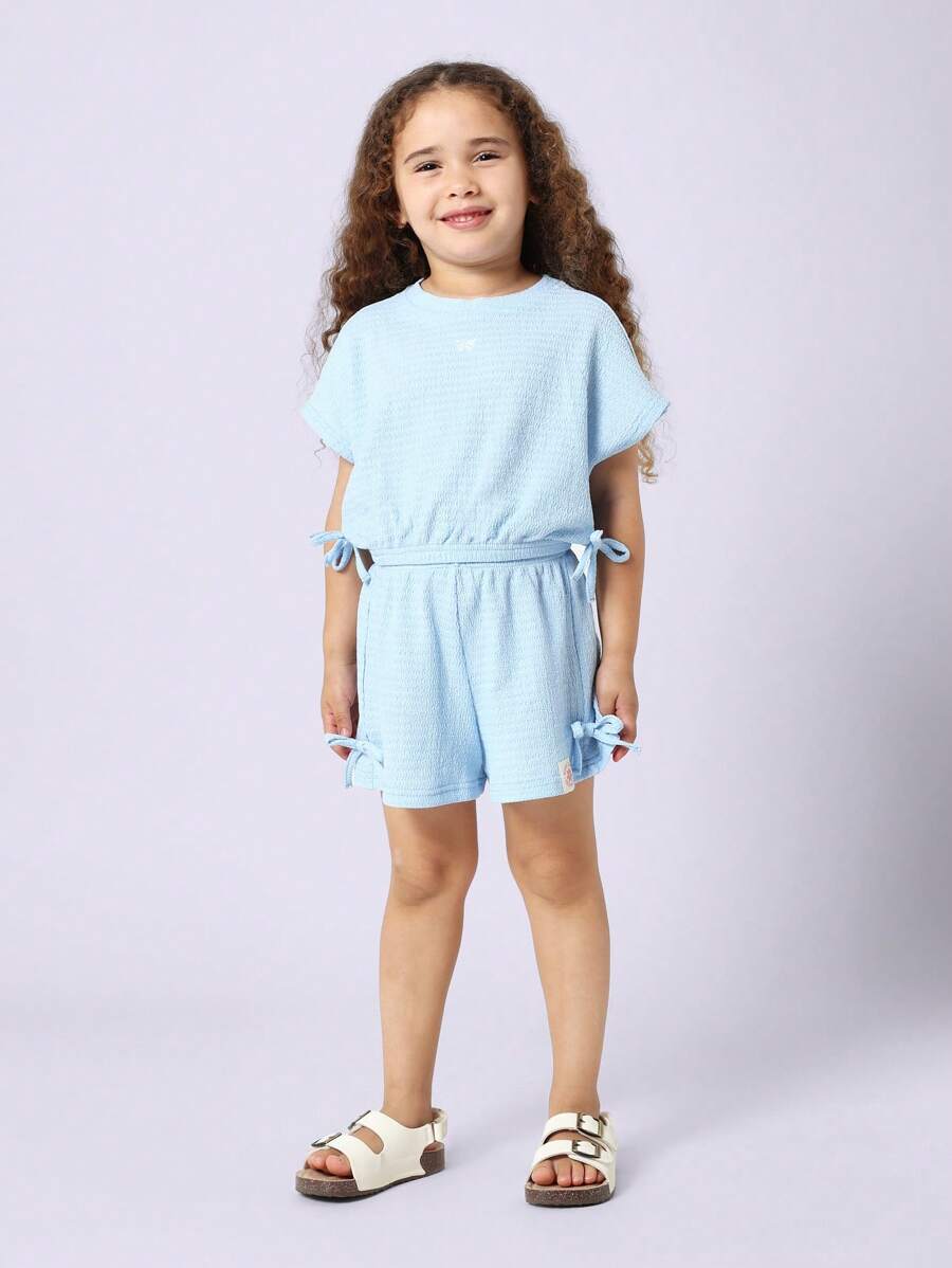 SUMWON Set coordinato da ragazza per l estate, composto da shorts e blusa a maniche corte, con dettaglio a fiocco, ideale per il tempo libero, la spiaggia e le vacanze