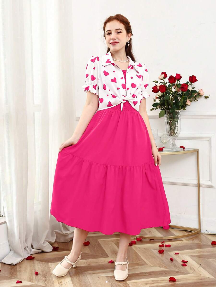 SHEIN 2pcs Heart Print Cami Dress Set For Teen Girls, Valentine's Day
