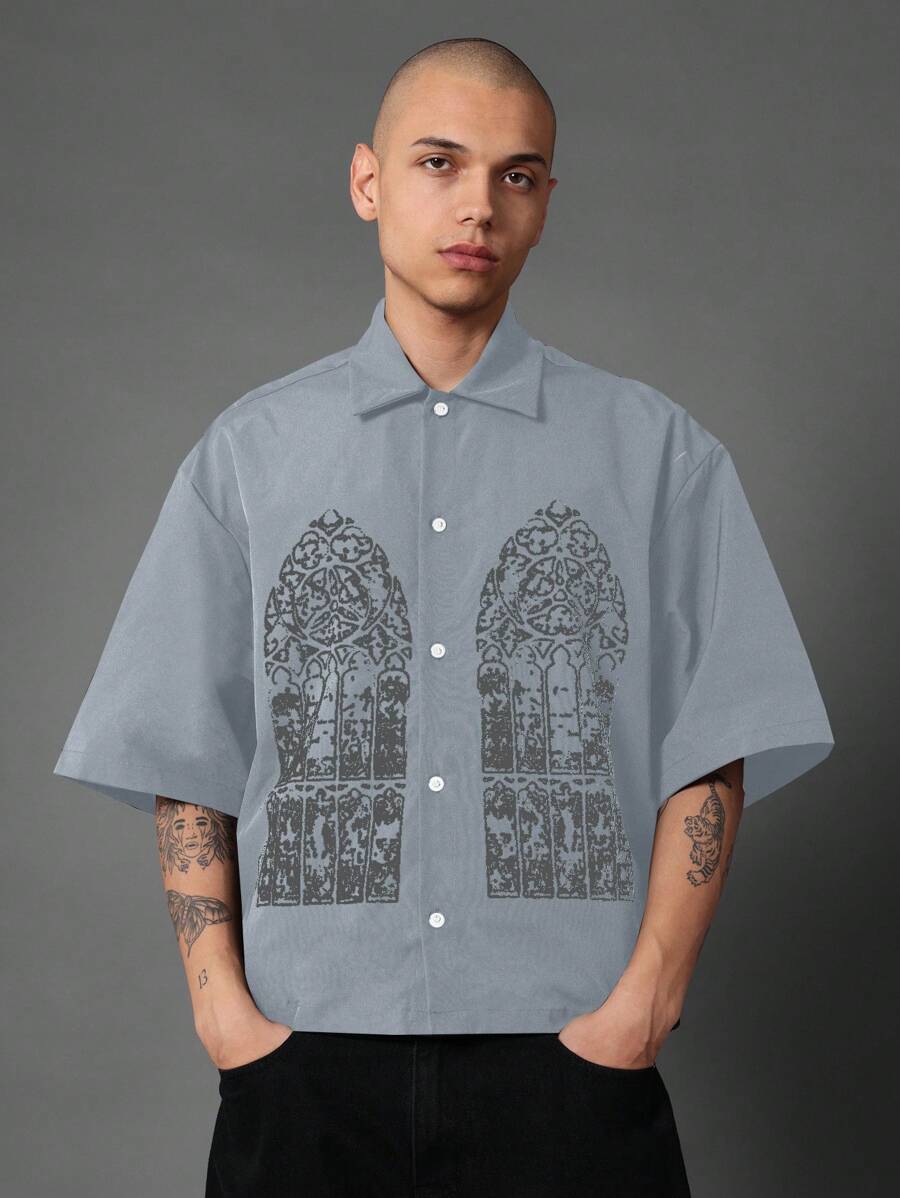 SUMWON Cathedral Window Art Print Oversized Button-Up Shirt Streetwear Gothic Architecture Design Lightweight Summer Fashion Statement Short Sleeve Button Front