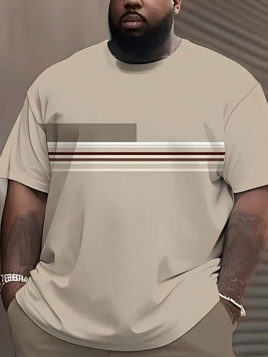 Manfinity Homme Camiseta de manga corta de cuello redondo con estampado de rayas para hombres de talla grande en verano