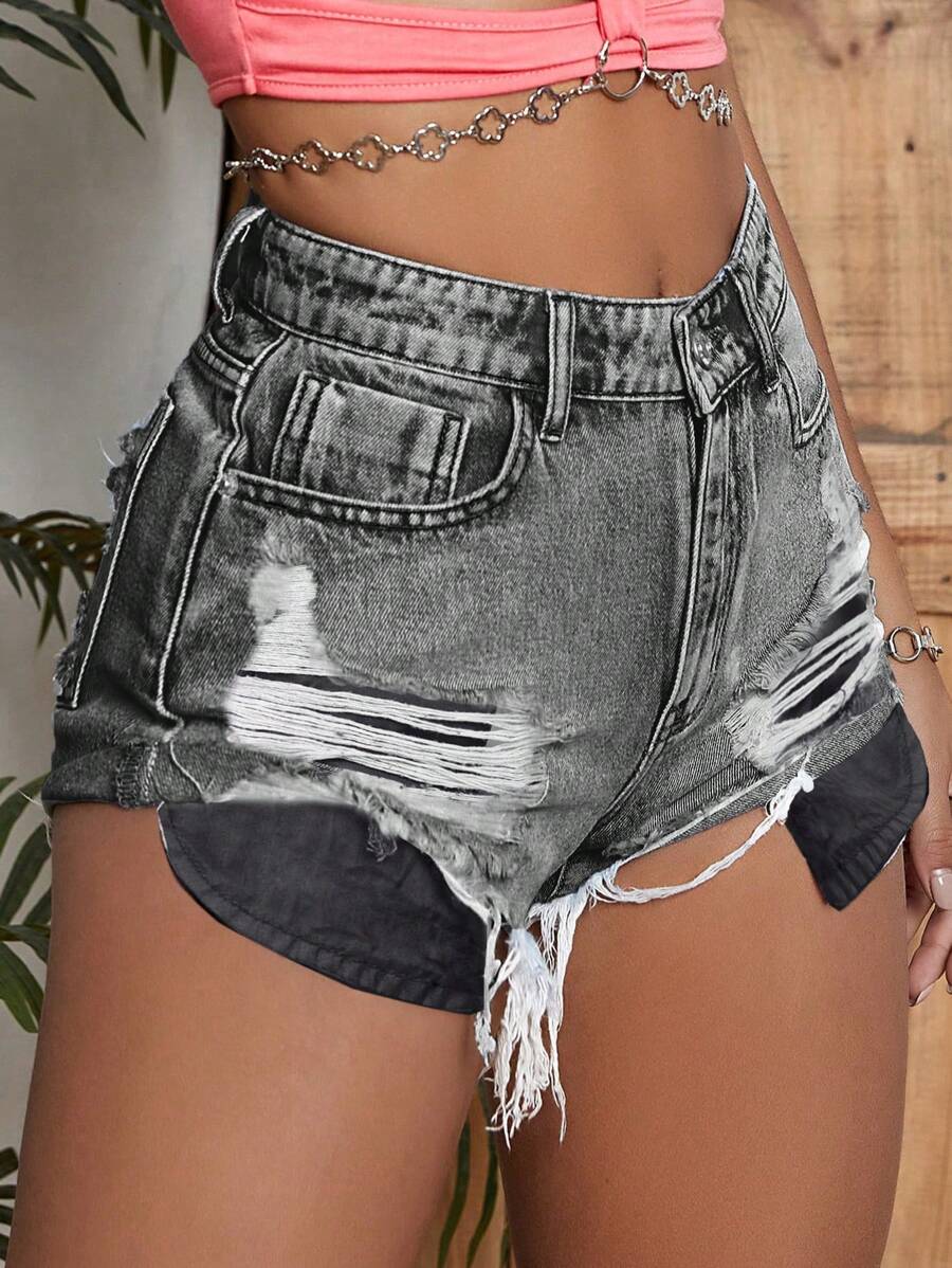SHEIN Essnce Shorts in jeans casual da donna con orlo sfrangiato