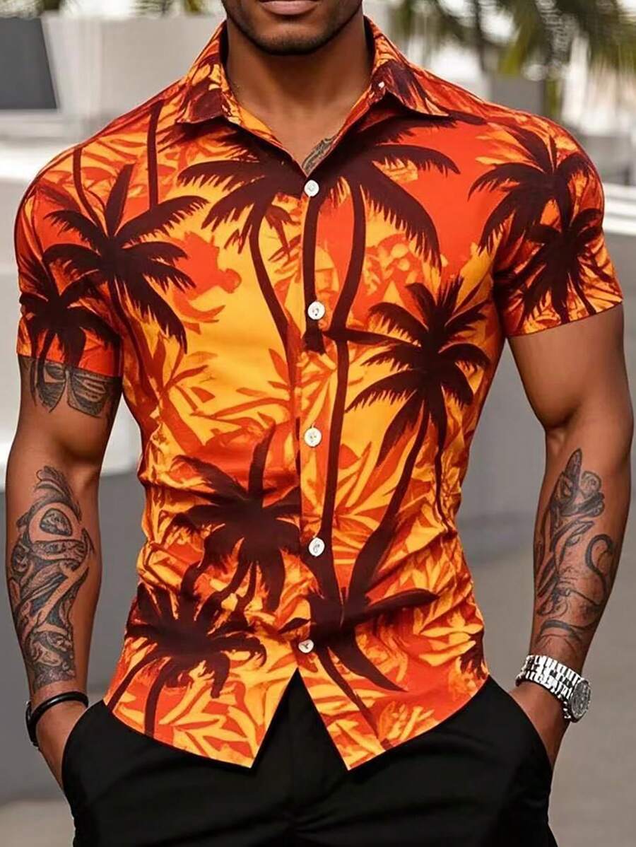 Manfinity RSRT Heren Leisure Palm Tree Print Korte Mouw Shirt (Asymmetrische Print)