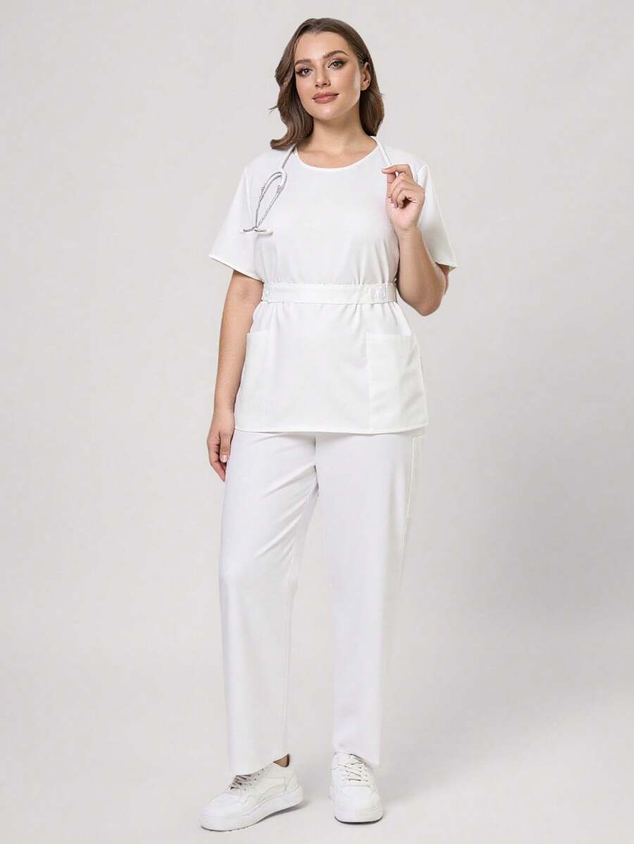 TaskEZ Conjunto de pijama de talla grande - Top de manga corta y cuello redondo de unicolor y pantalón largo