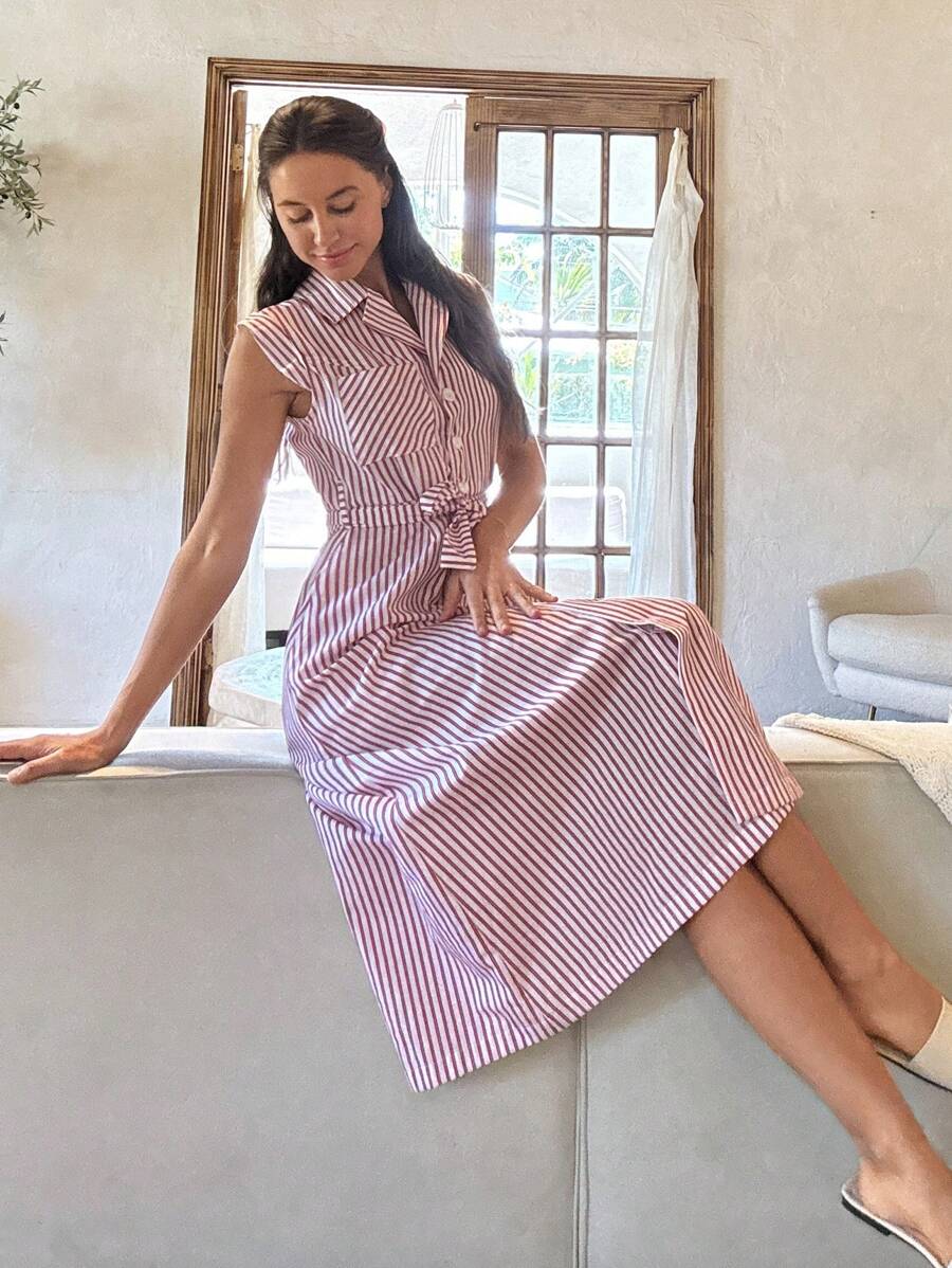 Cloudara Vestito lungo da donna a righe con bottoni davanti, vita in vita, abbigliamento da spiaggia per vacanze
