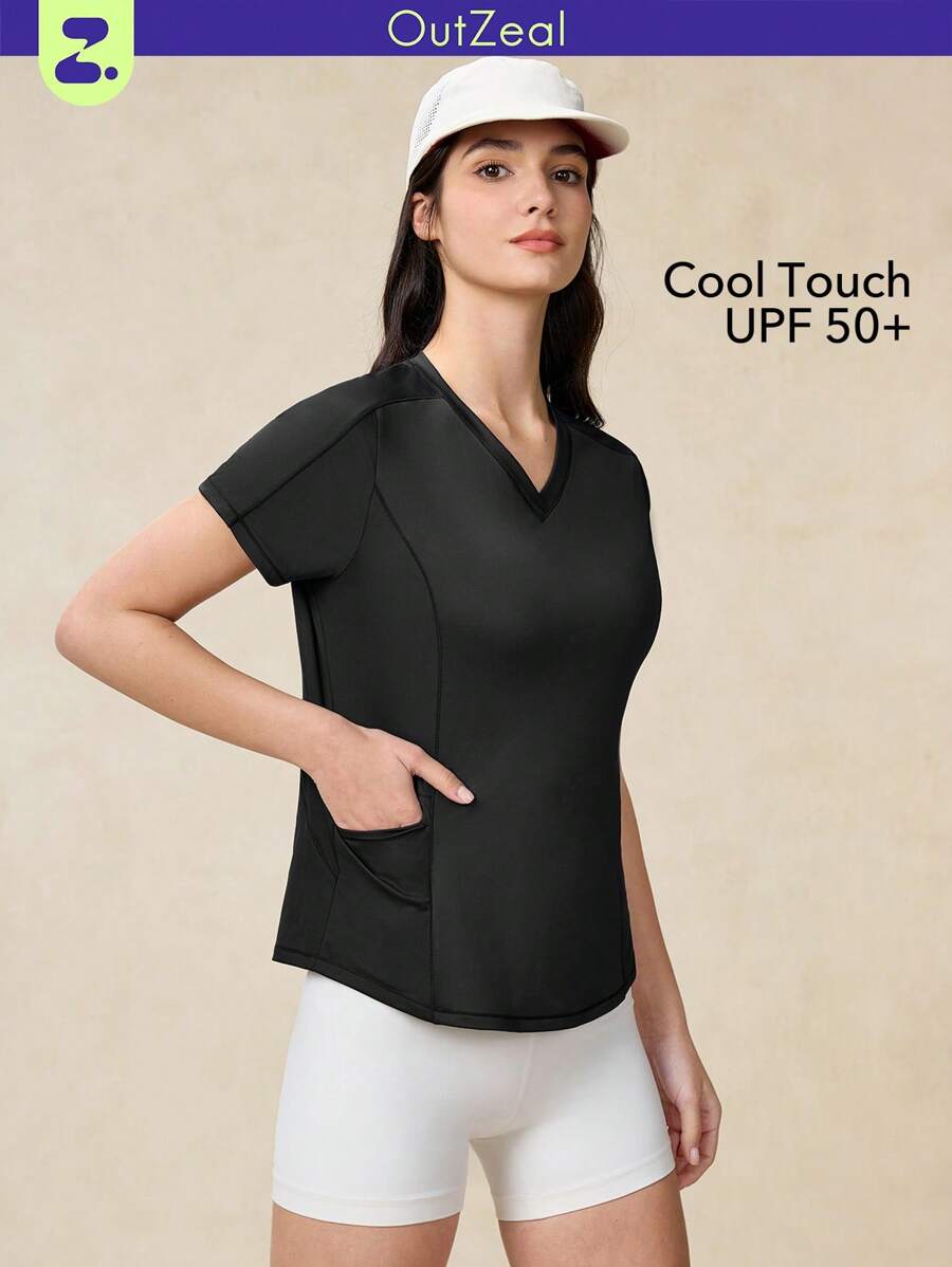 OutZeal SunProof UPF50+ Cooling Sun Protection V Neck Pocket Tee Women Workout Top