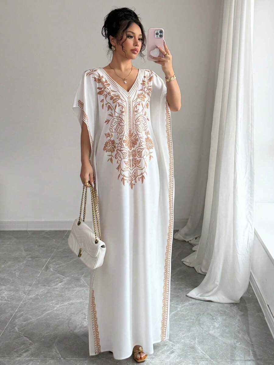 Calvaya Abito casual ed elegante da donna con scollo a V, maniche a pipistrello, orlo ampio, spacco, stampa floreale, senza elasticità, bianco, adatto per primavera ed estate