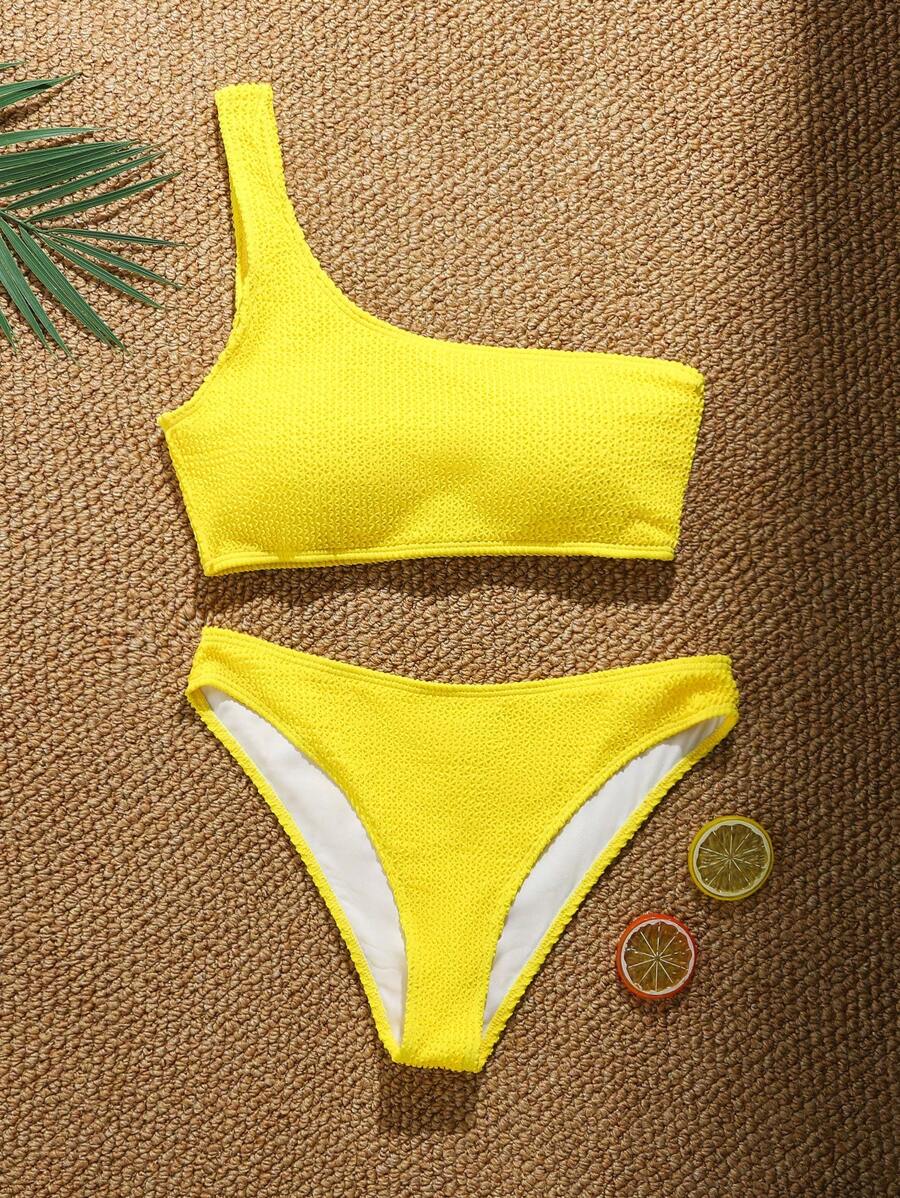 SHEIN Swim Costumi da bagno bikini da donna per l'estate, colore giallo, collo asimmetrico, stile sexy