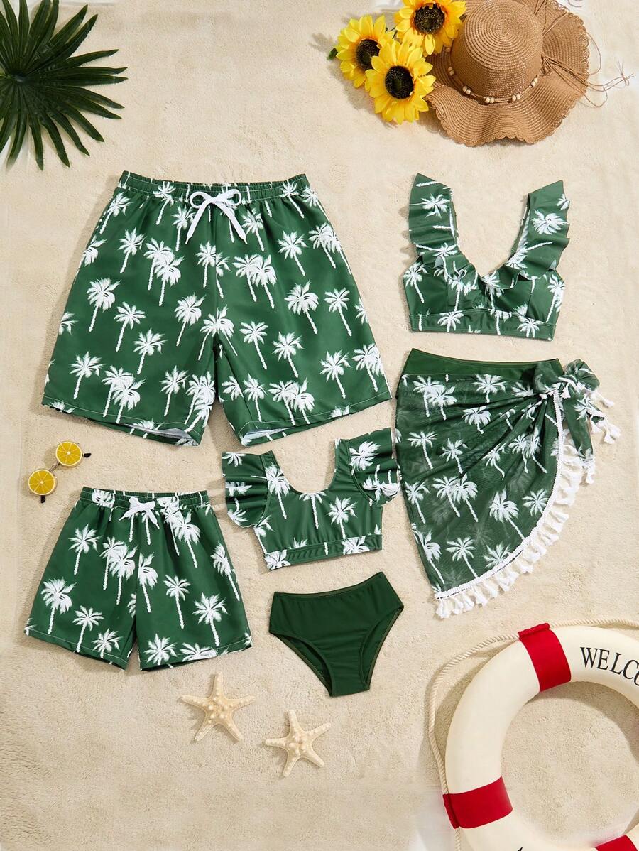 Conjunto de traje de baño de 3 piezas de mujer con estampado de árbol de coco, con bikini y falda pareo con flecos