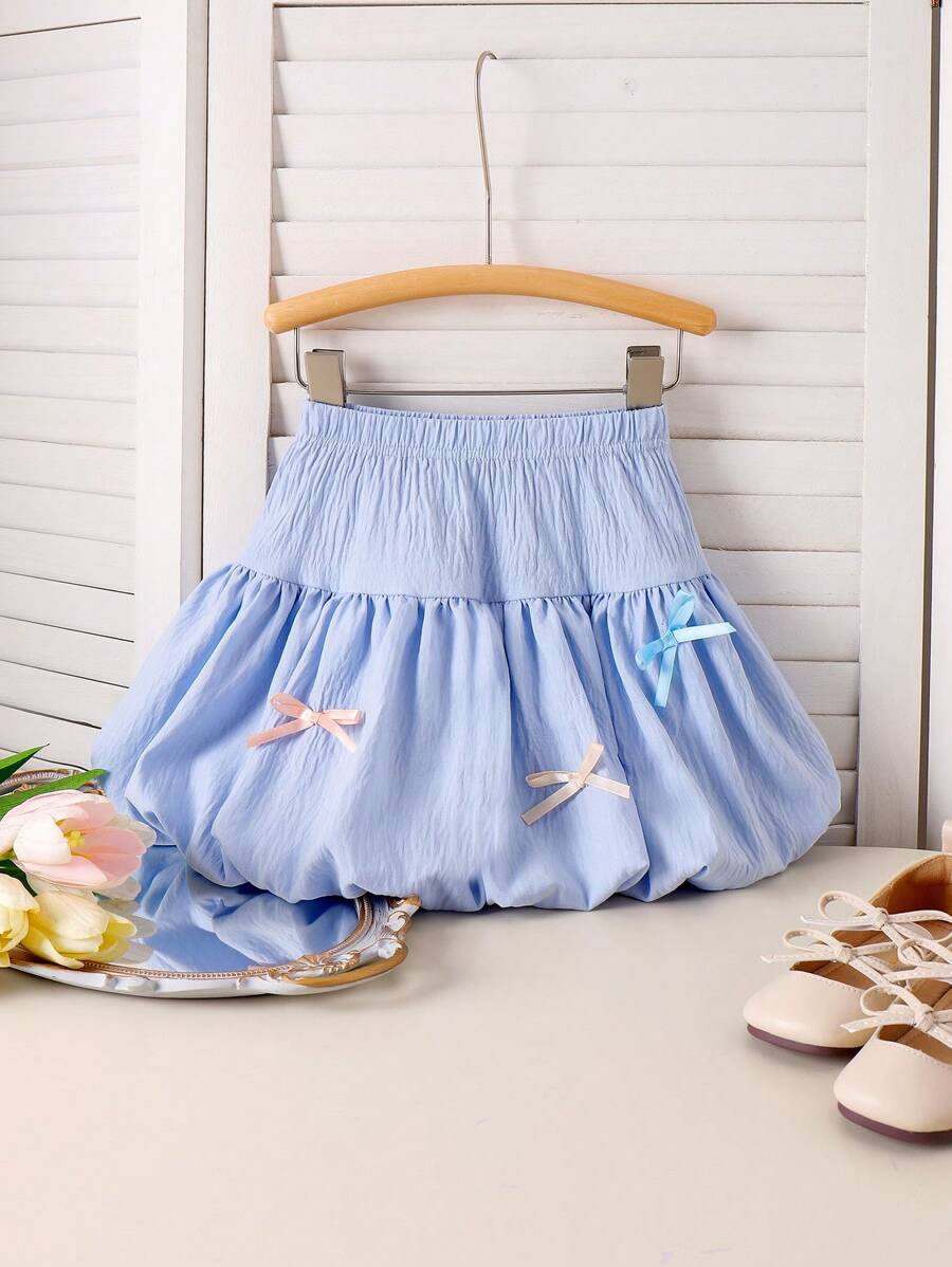 SHEIN Young Girl Blue Elegant Fashion Cute 3D Bow Fluffy Bubble Skirt, Versatile Stylish Puff Mini Skirt, Unique And Adorable Summer Wear
