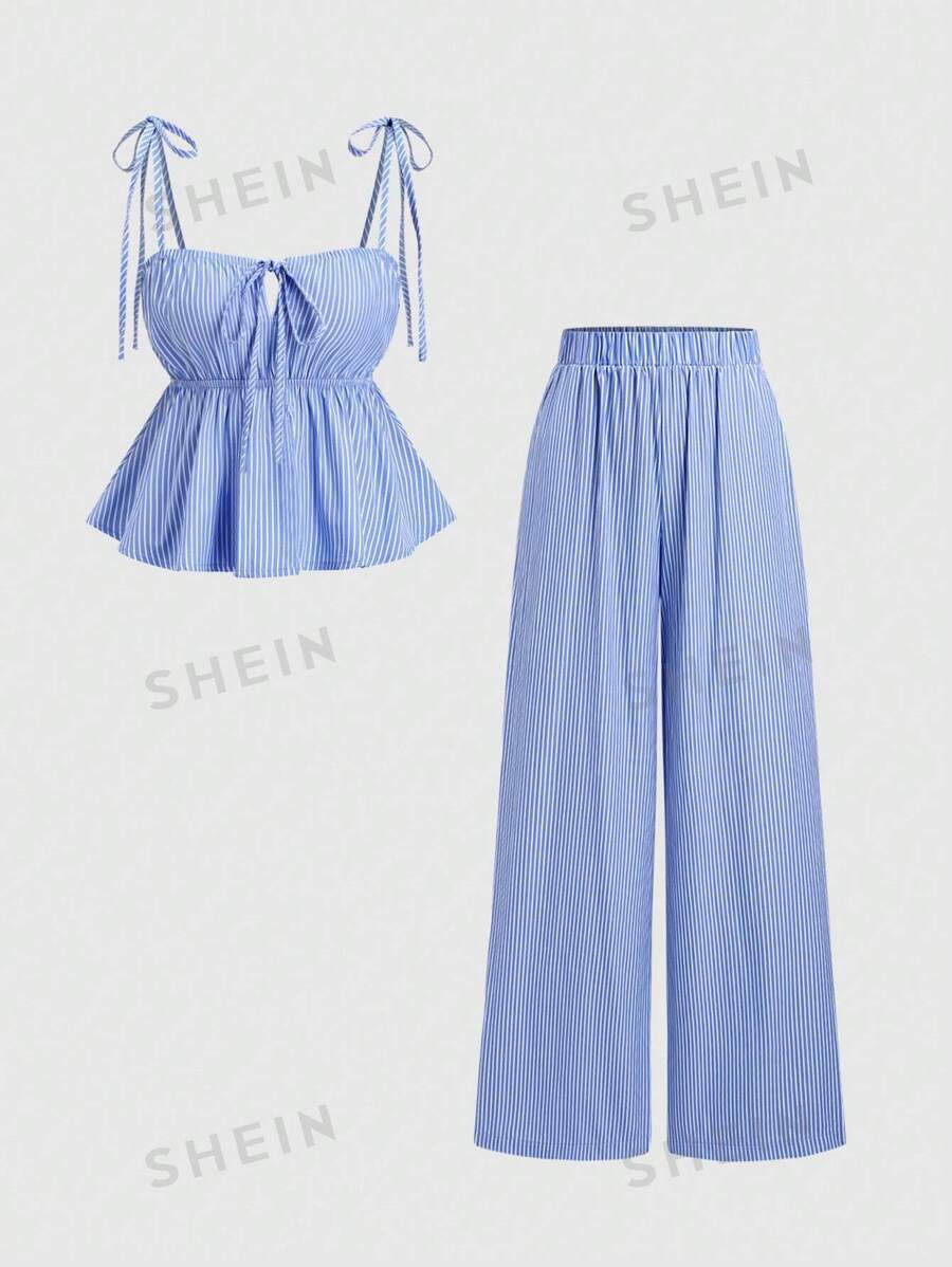 Sweetra Set de 2 piezas Top de tirantes y pantalones casuales de verano a rayas para mujer