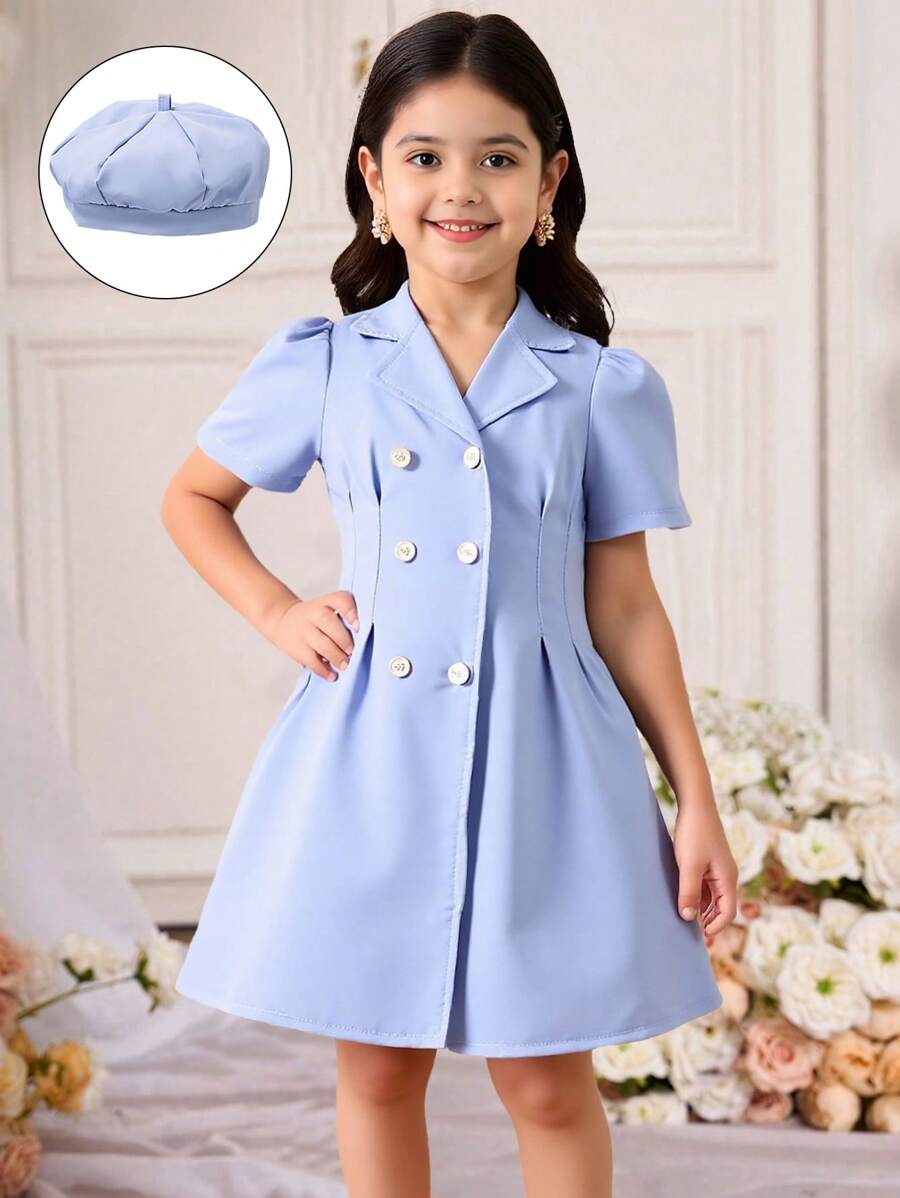 Vestido nuevo de verano de moda para niña joven con cuello de solapa abotonado, mangas abullonadas, pliegues en la cintura y boina dulce, adecuado para vacaciones en la playa y el transporte diario