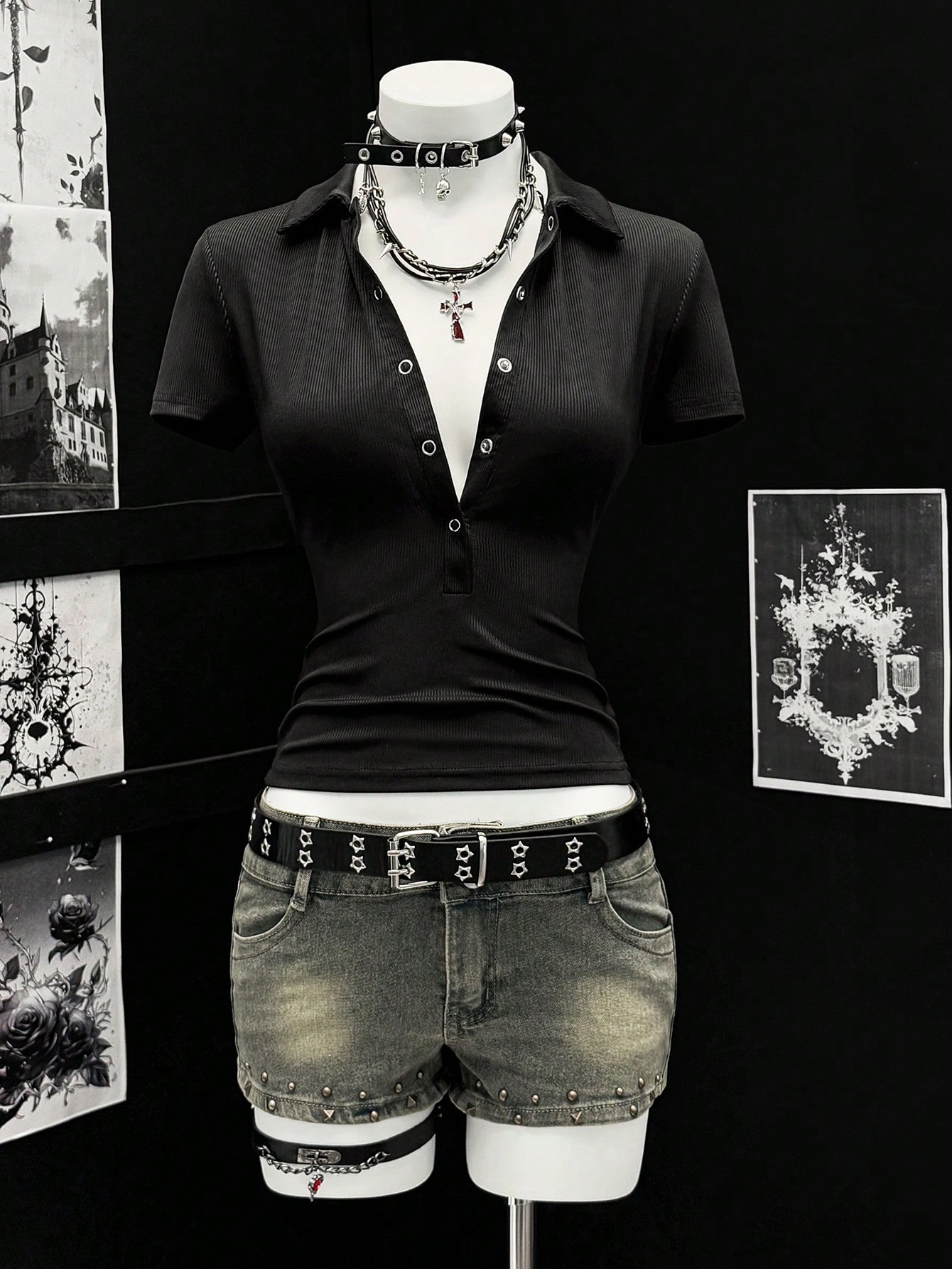 EgrlEra Maglietta a maniche corte da donna con colletto, colore unico e tono sexy