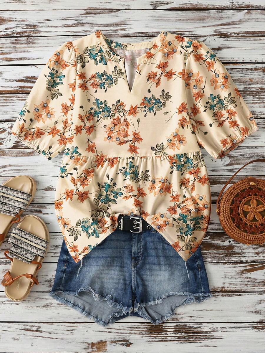 INAWLY Blusa da donna oversize con stampa casuale, scollo a V, maniche a palloncino