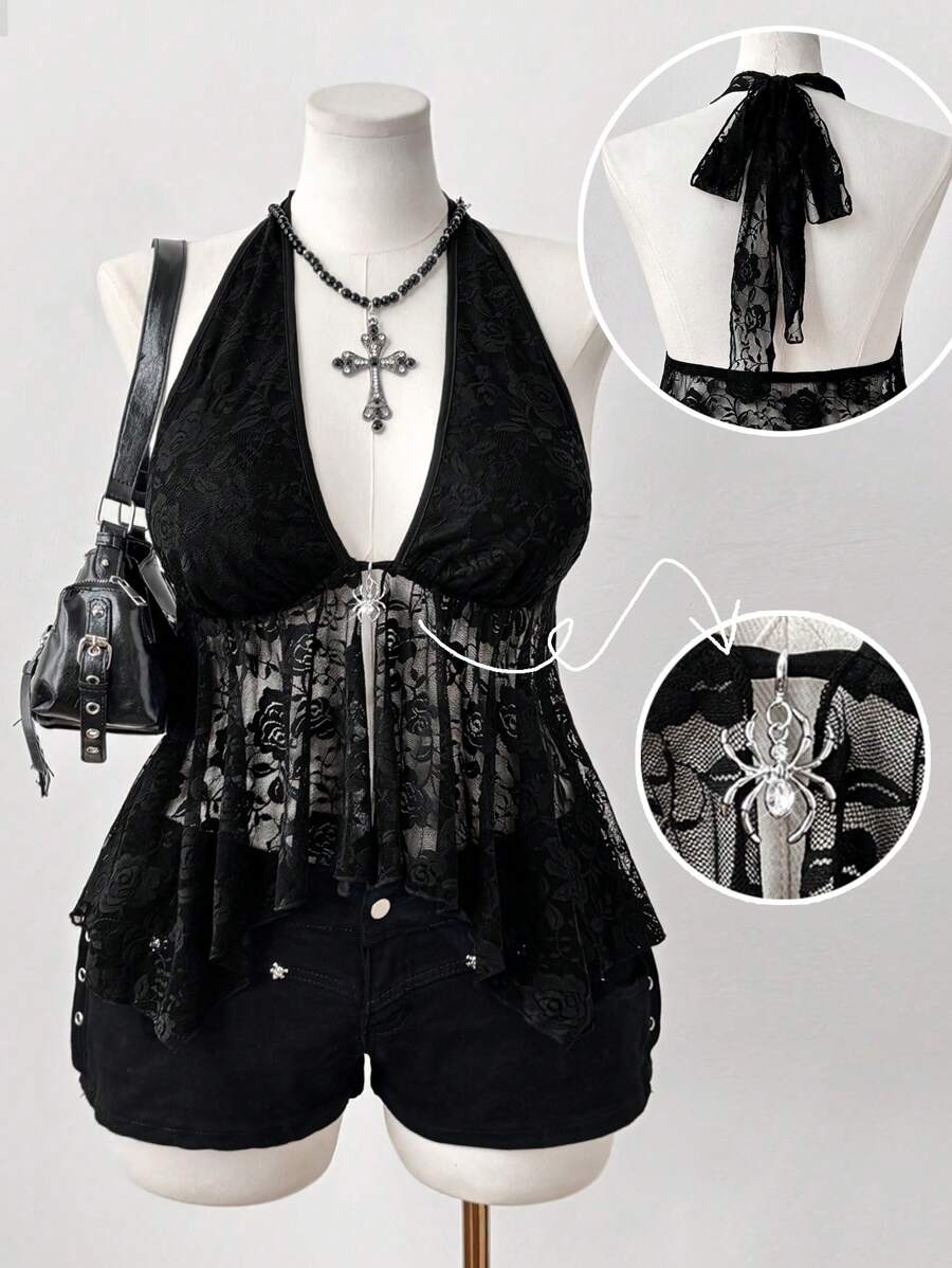 Sunspun Top de tirantes finos asimétrico con encaje calado y diseño de araña transparente, estilo casual retro punk para mujer talla grande, primavera/verano